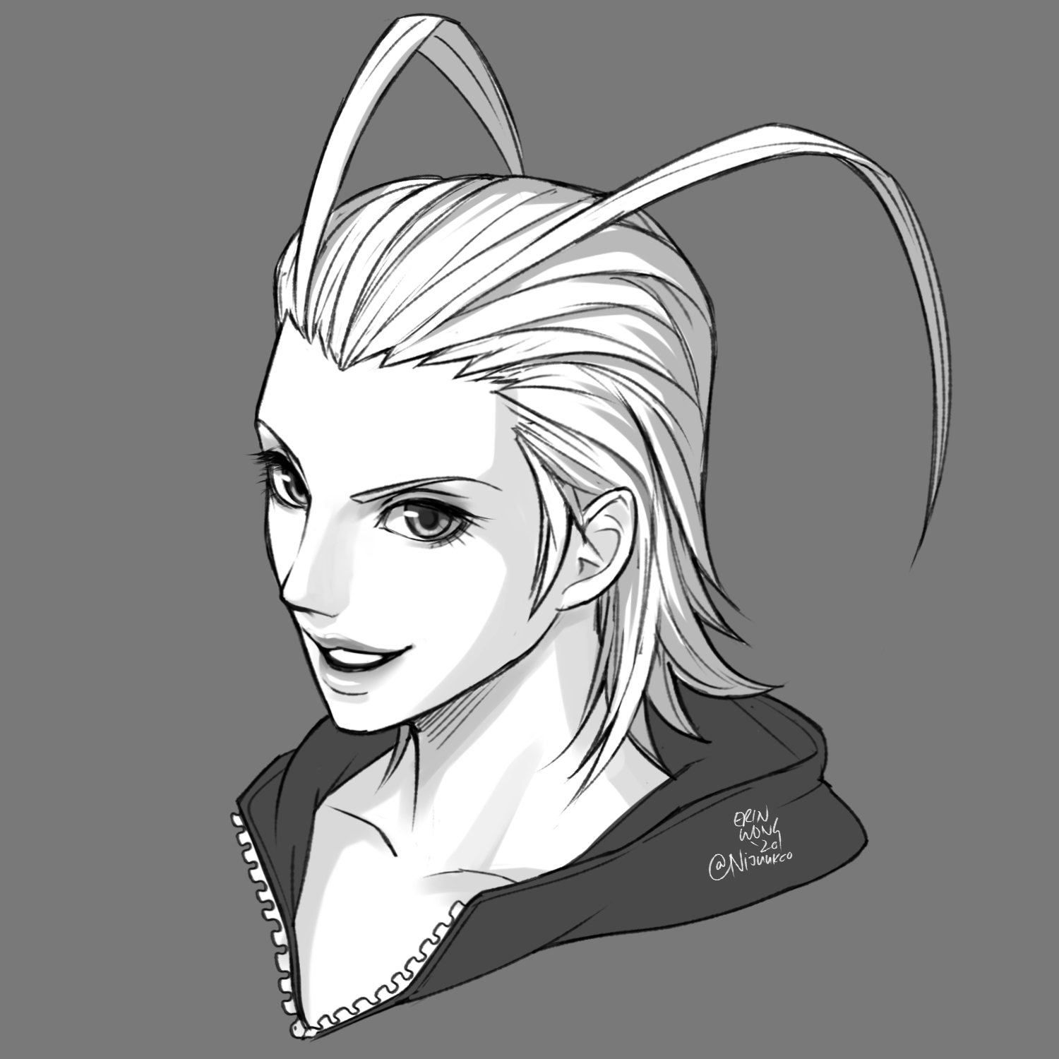 Black and white headshot sketch of Kingdom Heart Larxene in her Organization 13.